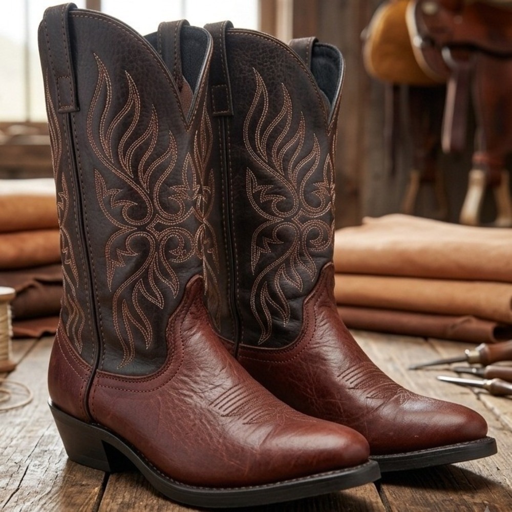 Laredo 5752 Womens Brown Leather Western Cowboy Boots Two Tone Embroidered 7.5M